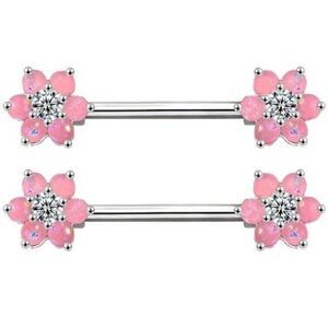 14G Pink Opal Flower and Cubic Zirconia Nipple Rings - Set of 2